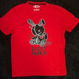 Vibrant Red Short Sleeve Tee with Cartoon Bunny Graphic